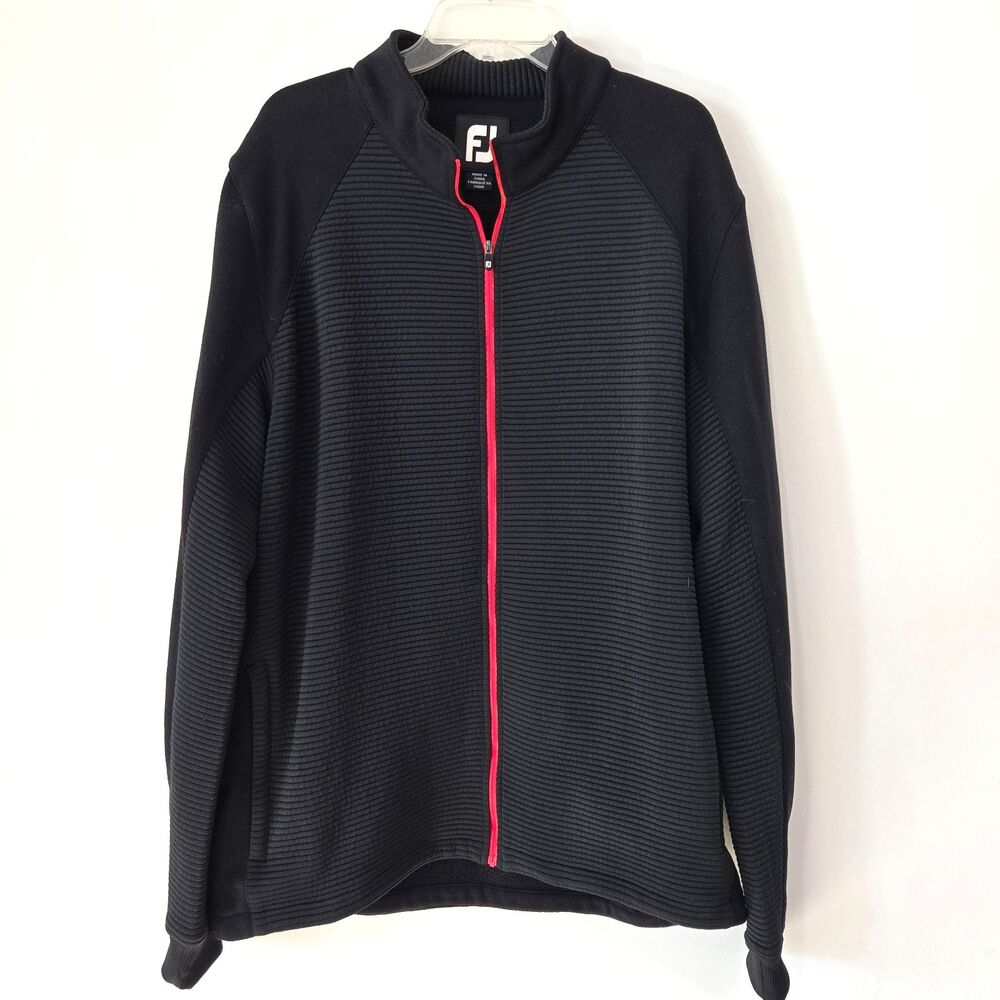 FOOTJOY Mens Size 2XL XXL Full Zip Ribbed Sweater Jacket Black Red Golf Travel‎